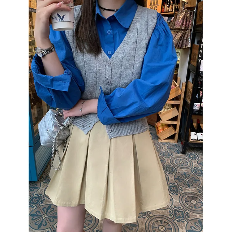 2025新款女士早春季灰色V领针织马甲叠穿宽松百搭衬衫高腰半身裙