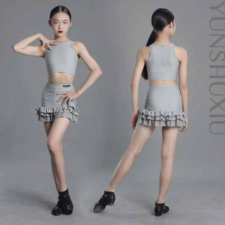 YSX云舒袖|儿童拉丁舞蹈练功服灰色软纱花边背心包臀裙含底裤套装