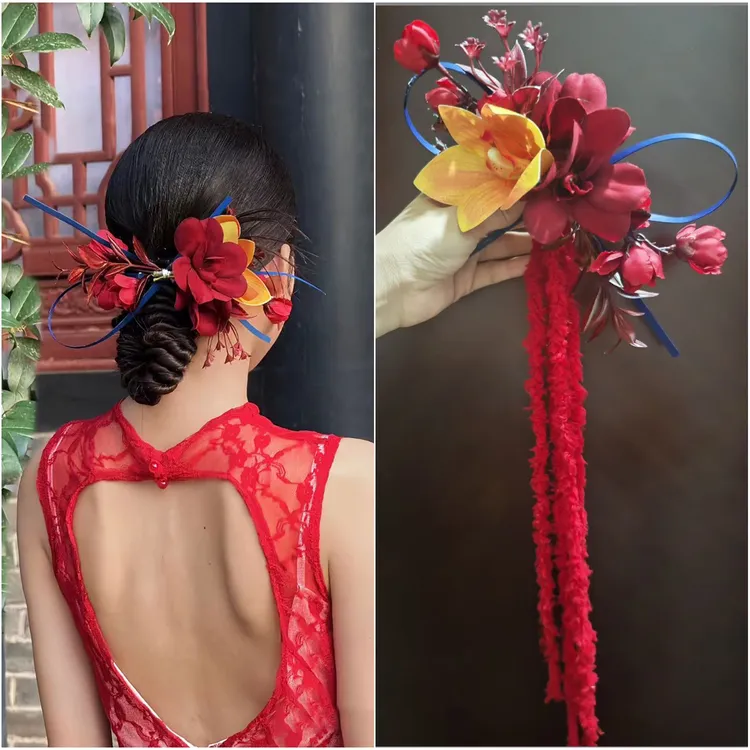 新中式新娘头饰花朵后区头饰红色流苏可拆卸晨袍旗袍造型气质发饰
