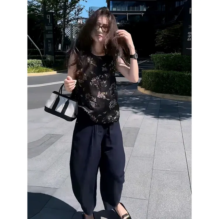 高级感气质修身减龄印花上衣2025年夏季新款纯色百搭阔腿裤套装女