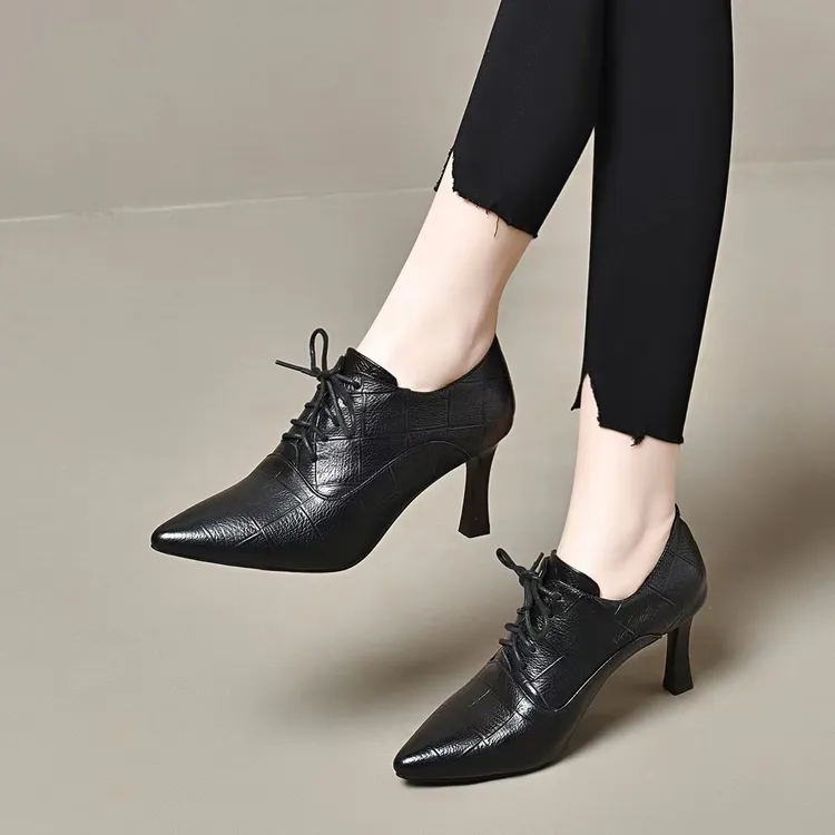 深口真皮系带单鞋女2025秋季新款尖头细跟高跟鞋舒适压花方格皮鞋