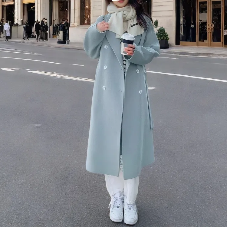 美女秋冬穿搭蓝色韩系通勤呢大衣2025年秋冬新款韩版宽松中长款系