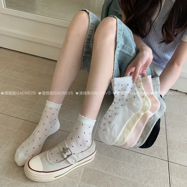 港维斯 夏季花边袜口波点薄袜 韩版奶油色系短袜