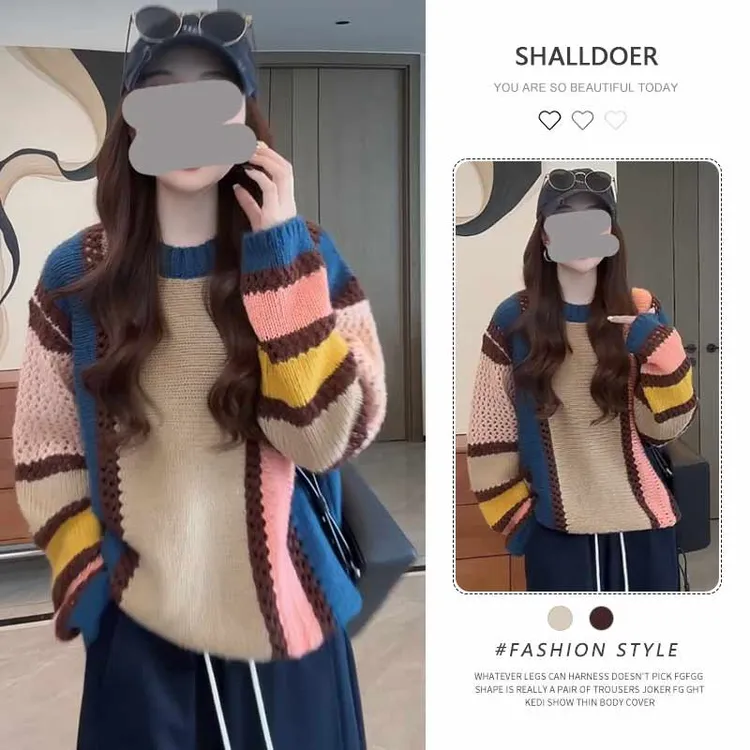 韩系慵懒风镂空长袖针织毛衣女2025春秋新款宽松显瘦时尚打底上衣