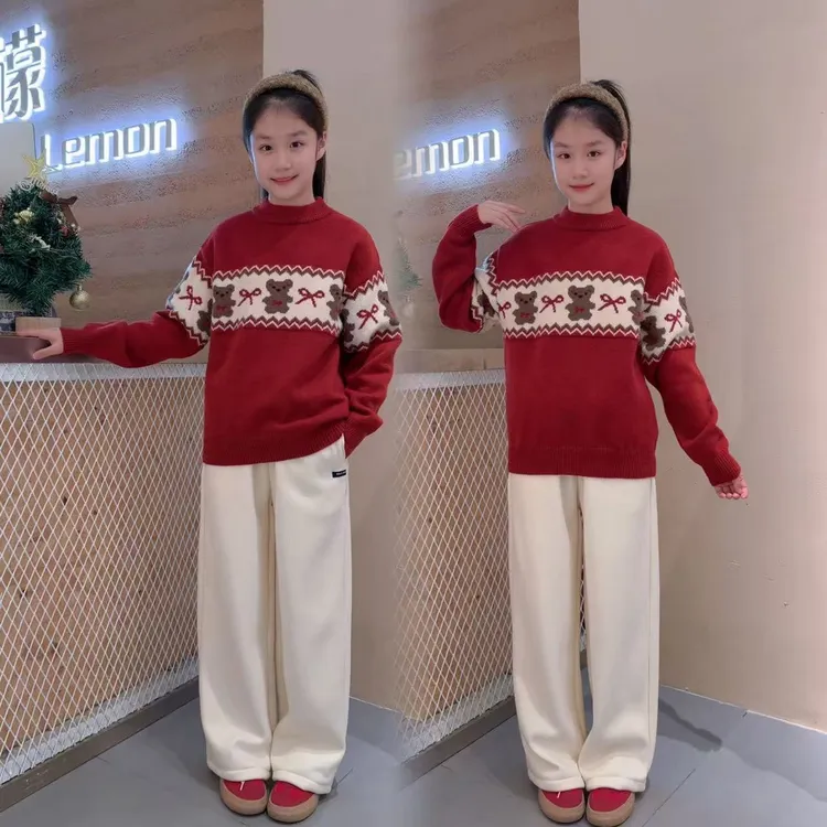 女童红色卡通小熊毛衣套装秋冬新款女大童加厚针织衫圣诞儿童新年