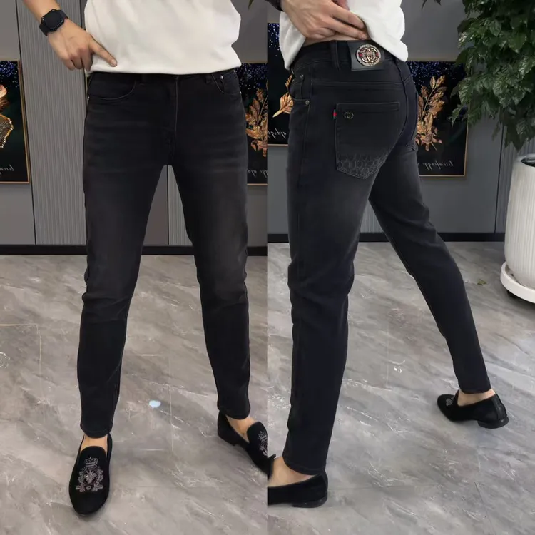 牛仔裤男2025秋冬新款黑色提花男裤高品质时尚小脚裤弹力修身长裤