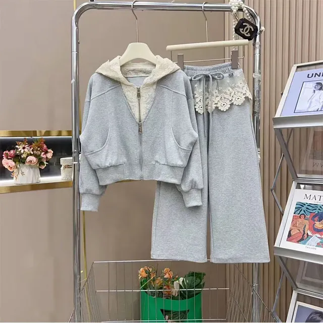 女童春装2025新款洋气休闲套装儿童春秋季蕾丝连帽外套休闲裤女孩