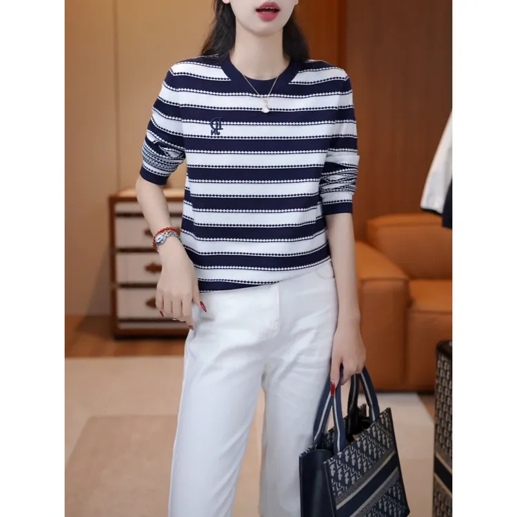 天丝+桑蚕丝条纹百搭针织衫上衣女2025秋冬新款宽松显瘦毛衣打底