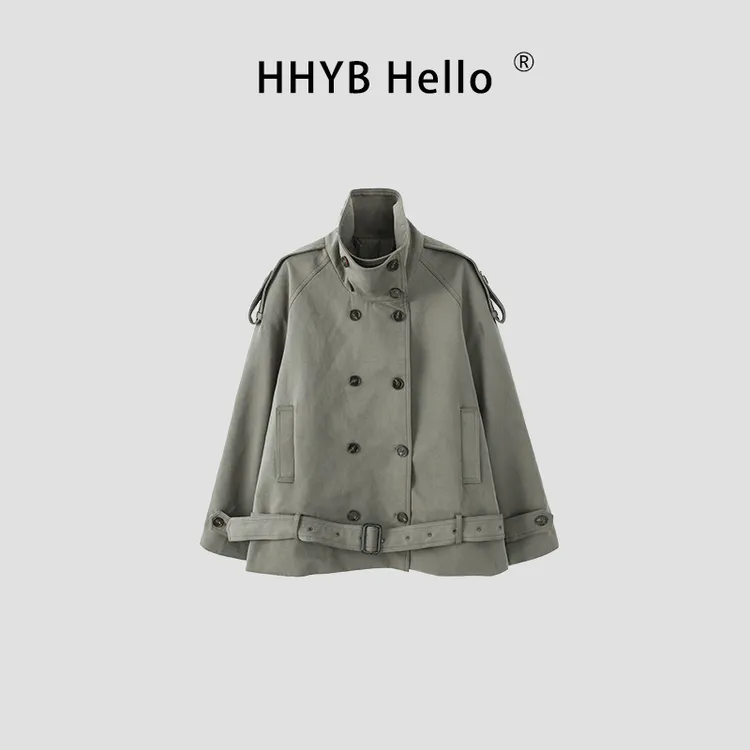 HHYB Hello2025冬季军绿色立领弧形肩廓形短款风衣外套H70032
