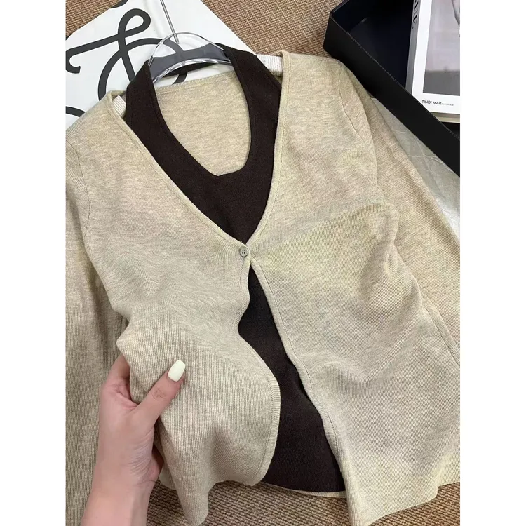 【DMXJ大梦想家】韩系设计感假两件挂脖针织衫秋冬季上衣长袖睡衣女