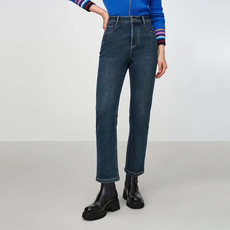 【三明治鹅绒】EP雅莹2025弹力高腰修身显瘦夹绒丝微喇牛仔裤J612A