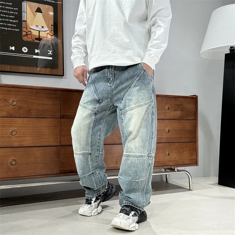 美式痞帅风拼接设计牛仔裤男宽松直筒阔腿裤潮牌百搭宽松休闲长裤