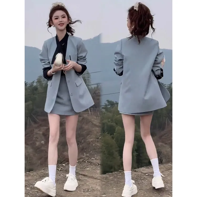 时尚套装女2025春季新款洋气显瘦减龄拼接西装外套半身裙两件套潮