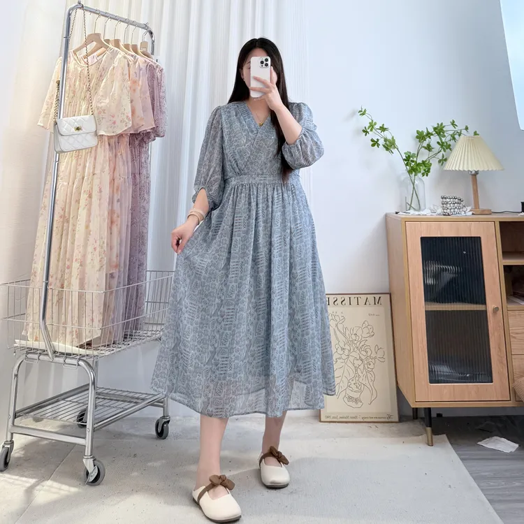 时尚气质【空谷幽蓝】优雅显白宽松版型高腰大码胖mm中长款连衣裙