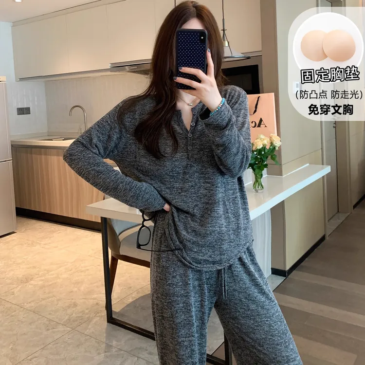 2025新款带胸垫睡衣女款春秋季彩棉长袖可外穿休闲时髦家居服套装