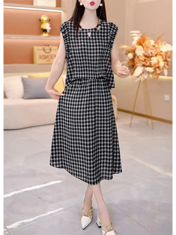高端格子套装裙子女2025年新款今年流行爆款短袖妈妈两件套连衣裙