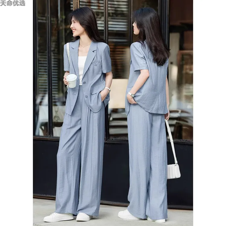 【现货】夏季大码女装老钱风短袖西装微胖亚麻阔腿裤两件套气质时尚