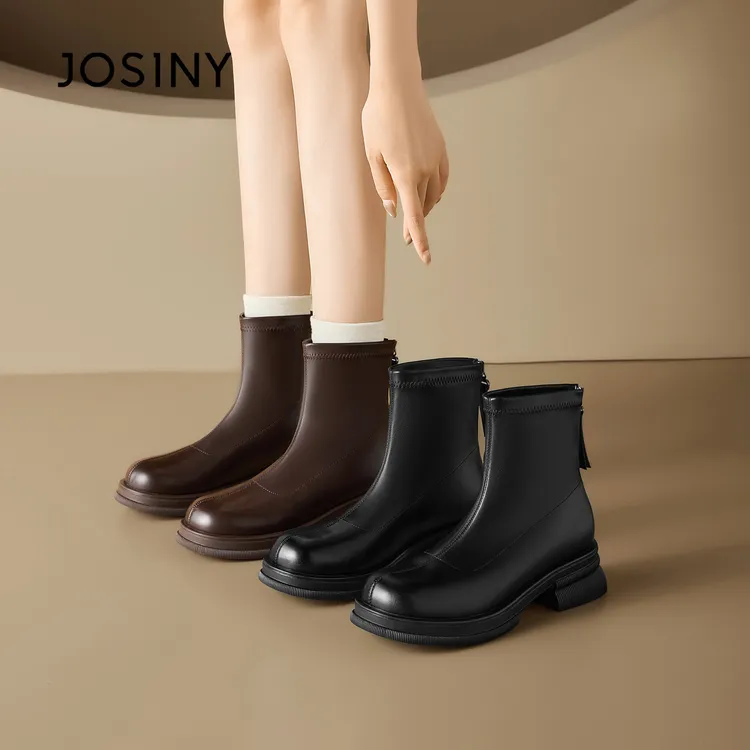 卓诗尼厚底切尔西靴女2025年新款秋冬瘦瘦靴高跟短靴棕色加绒单靴