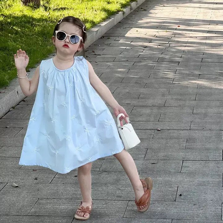 2025夏季新女童洋气无袖连衣裙女宝宝A字摆背心连衣裙度假风裙子