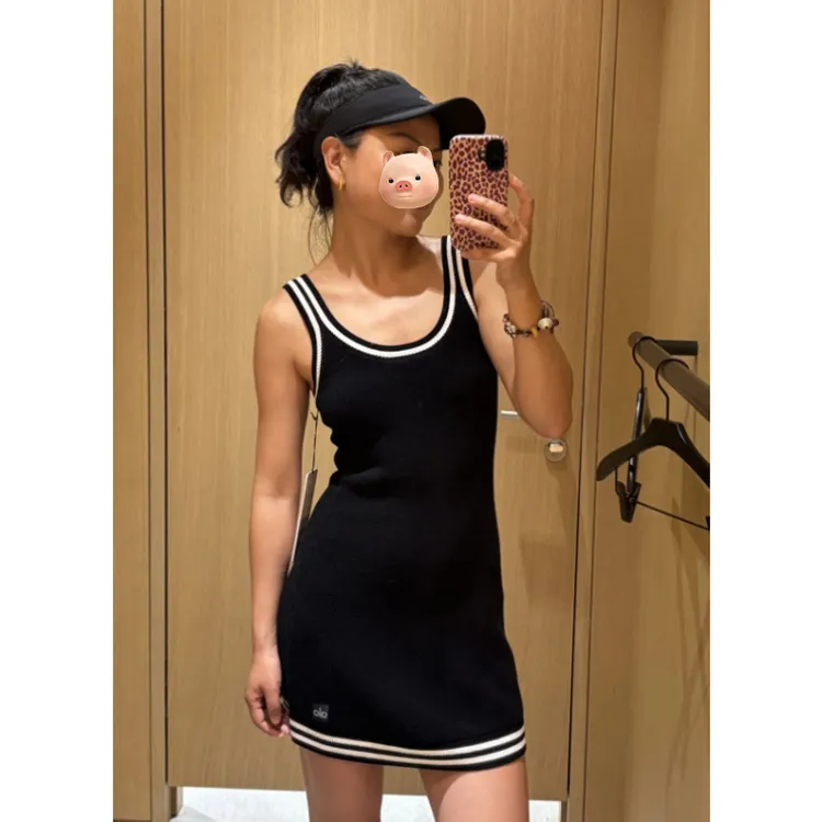 小香风撞色U领冰丝针织吊带连衣裙女夏季修身辣妹包臀背带短裙子