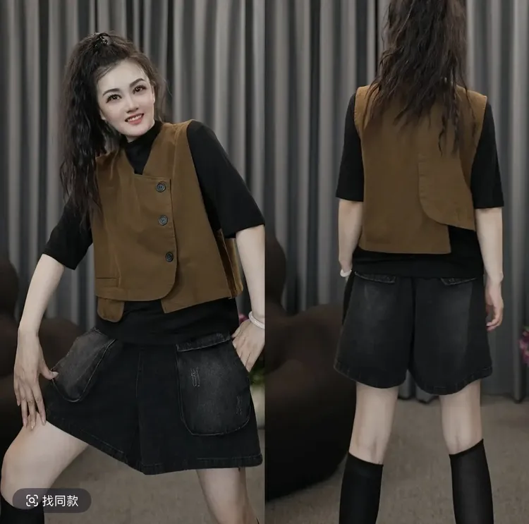 四季通用百搭三粒扣纯色斜襟马夹外穿韩版短款显瘦马甲洋气时尚
