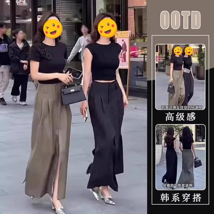 2025夏季新款高级感御姐立体花朵短袖T恤设计感开叉半身裙两件套