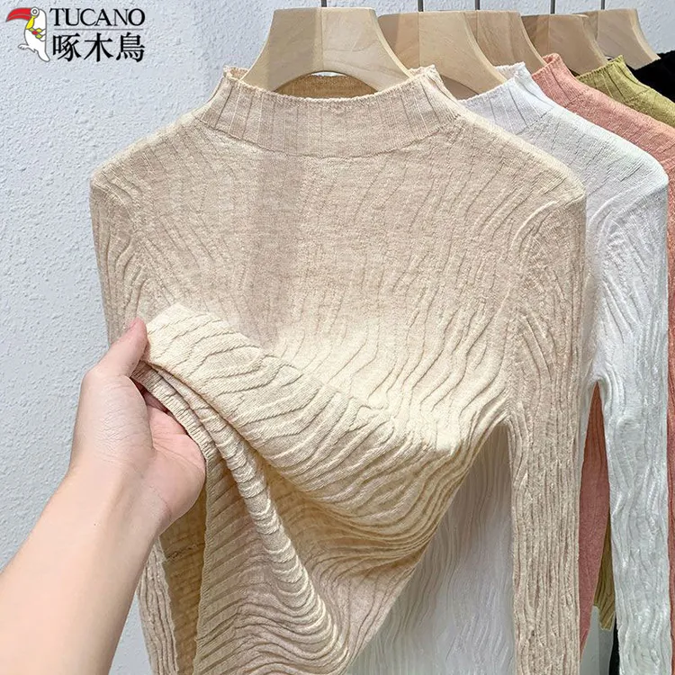 啄木鸟秋冬新款半高领毛衣女装修身显瘦针织衫百搭套头内搭打底衫