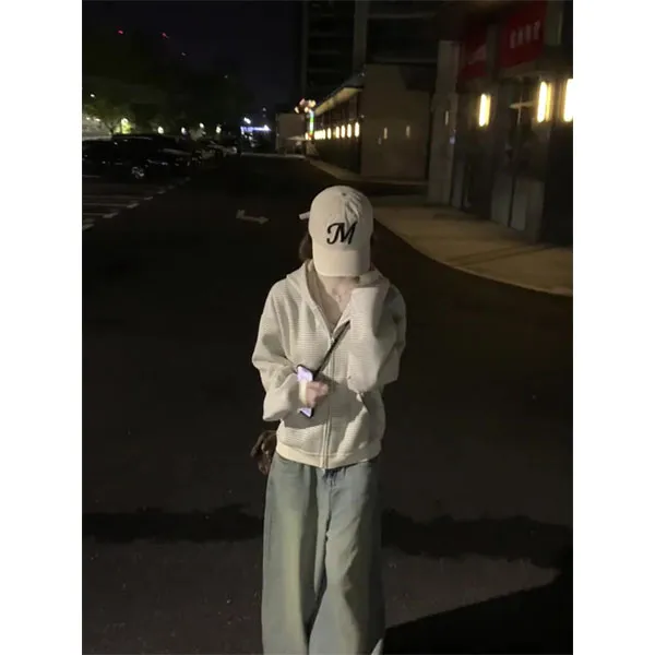 条纹连帽短款卫衣外套2025秋冬新款早秋加厚上衣女长袖裤子套装