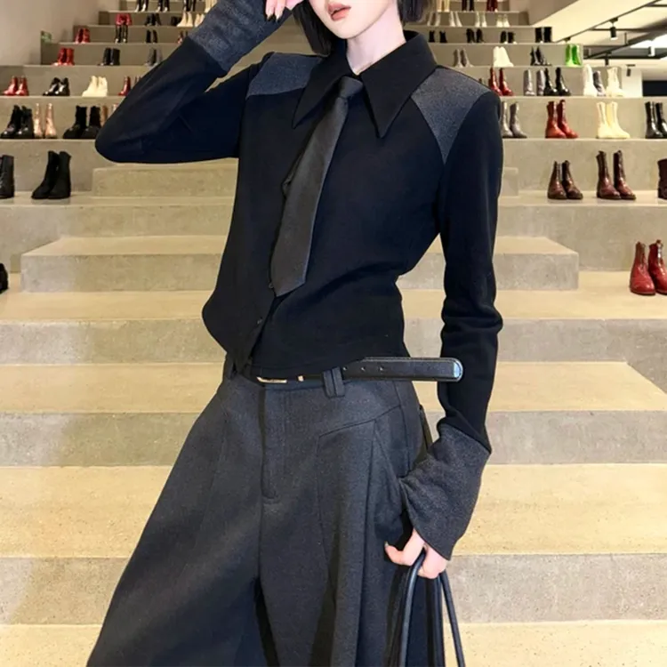 时尚韩系气质百搭长袖衬衫女秋冬新款设计感正肩小众显瘦打底上衣