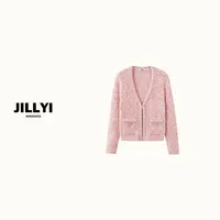 JILLYI【浅粉国度】桃粉色深V领流苏编织工艺少女气质时尚针织开衫