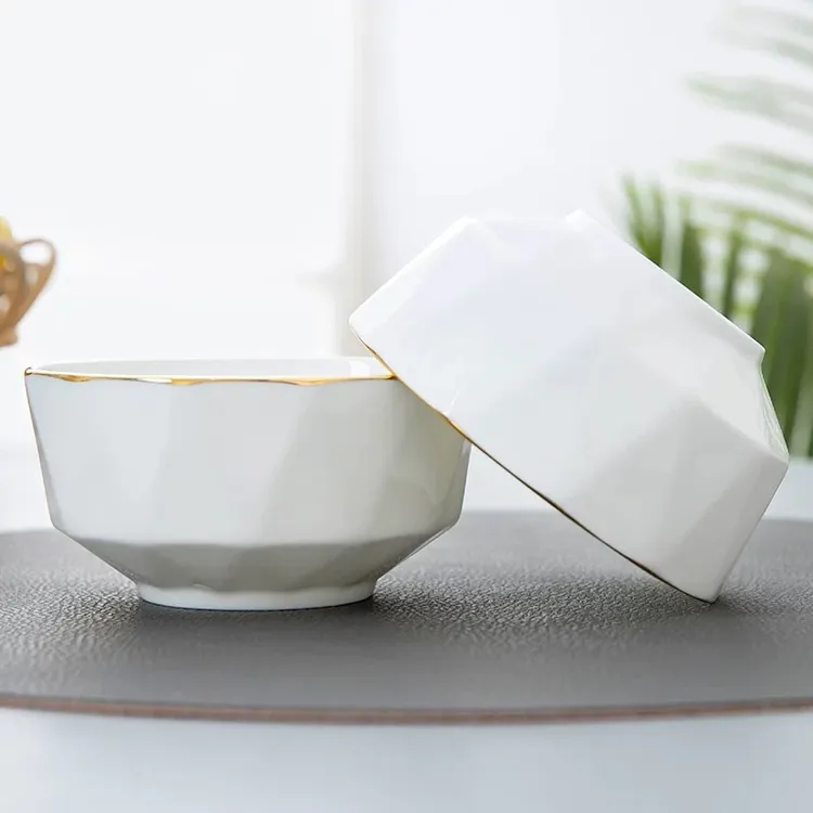 景德镇高温骨瓷【描金八角米饭碗】家用高档轻奢创意酒店米饭碗