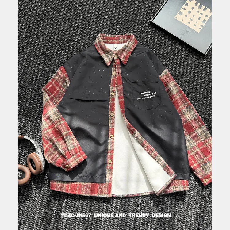 秋冬复古加绒毛呢外套男宽松休闲情侣满天星闪点拼接格子夹克外套