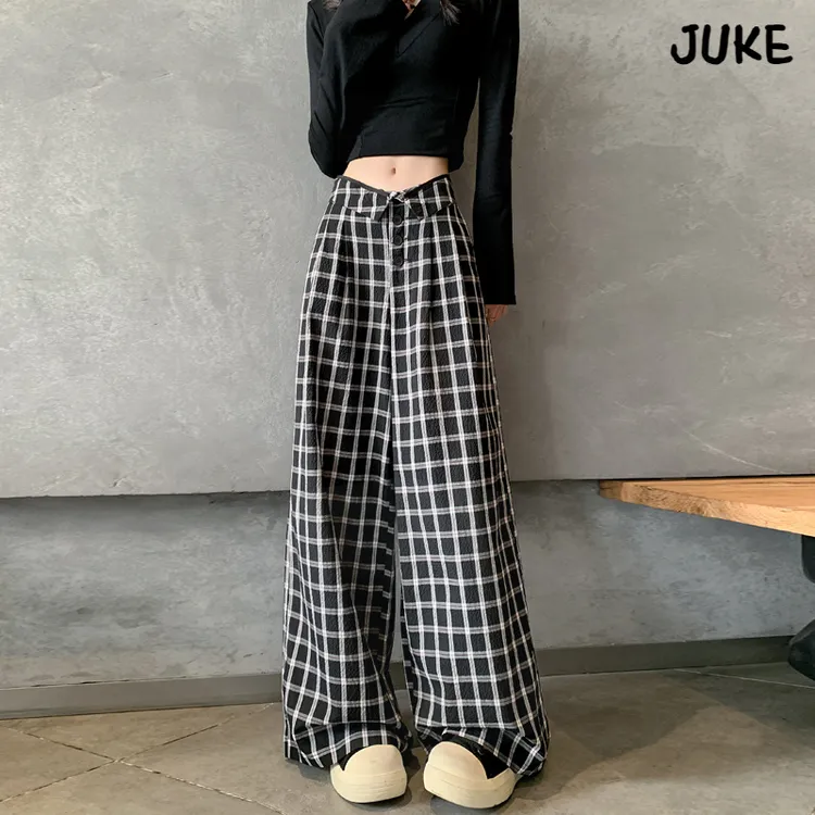 赵露思同款女宽松蓝色格子裤夏季薄款高腰阔腿裤垂感休闲裤子