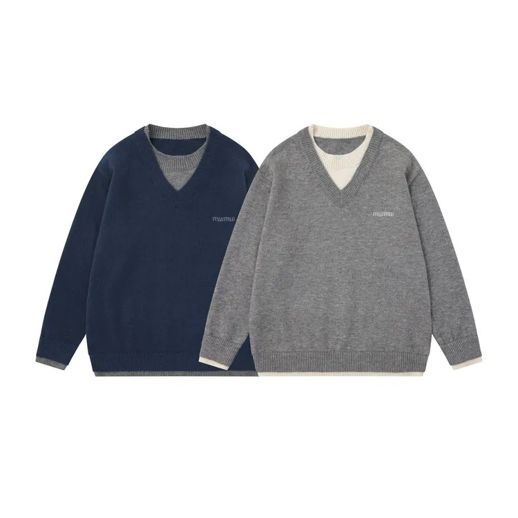 邦欧罗美式复古假两件拼接圆领毛衣男宽松休闲通勤简约情侣针织衫