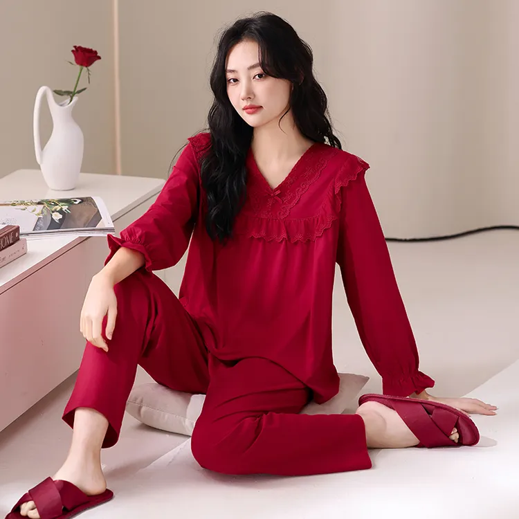 睡衣女纯棉甜美长袖公主风结婚新婚套装春秋全棉红色本命年居家服