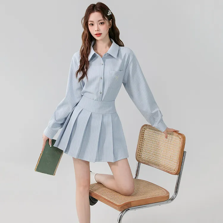 时尚百褶短裙套装女春夏季宽松显瘦减龄条纹衬衫高腰半身裙两件套