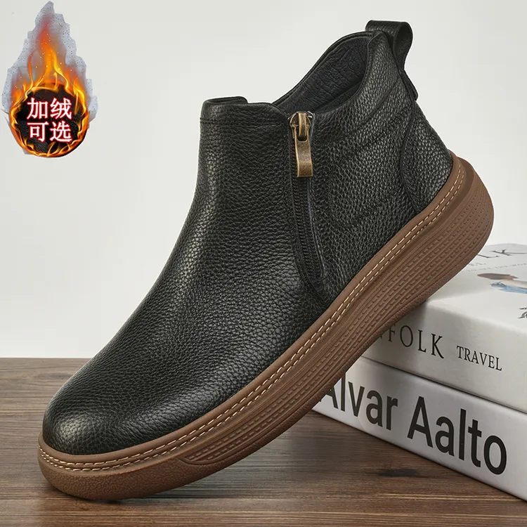 CATIA SELI2025冬季新款男士休闲高帮皮鞋加绒保暖宽头软底马丁靴