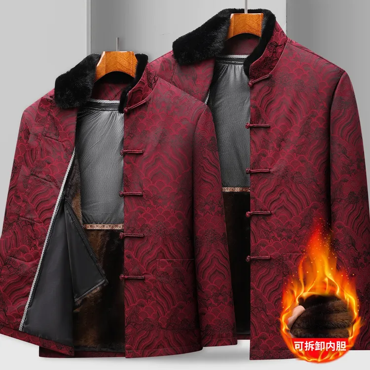 中老年男士加绒加厚唐装棉衣爸爸装妈妈装情侣棉服可脱卸内胆