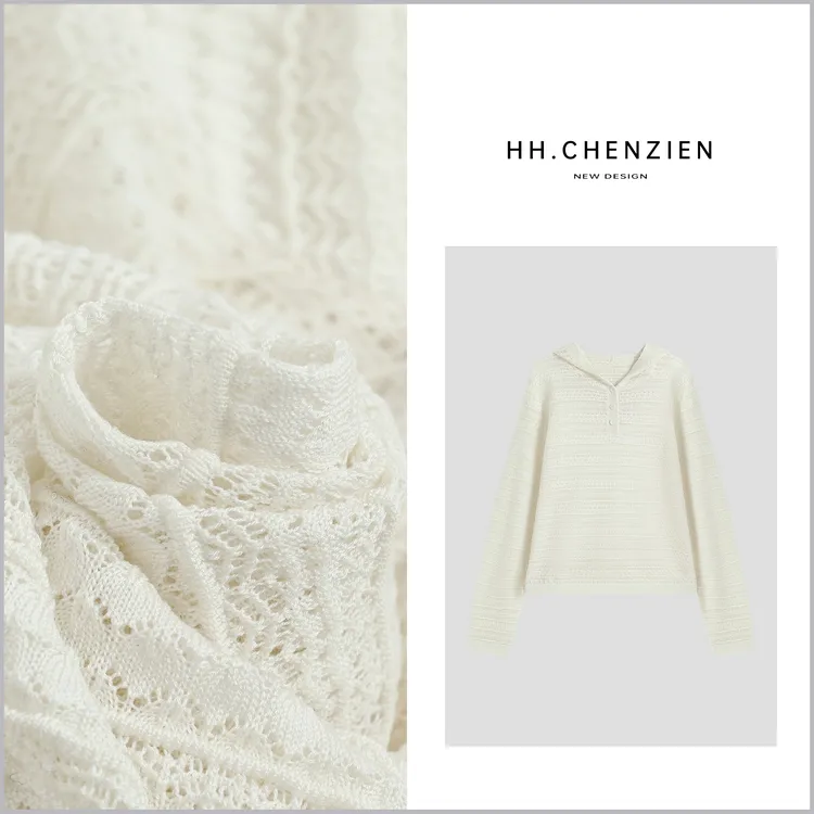 【黑黑家】早秋新款女款连帽花边织法设计单排扣长袖针织衫上衣