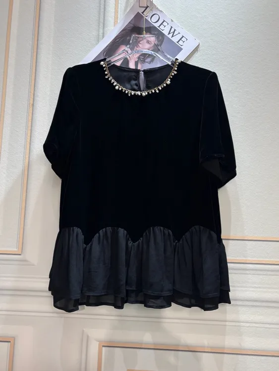 精美珍珠领拼纱下摆100%桑蚕丝真丝丝绒上衣