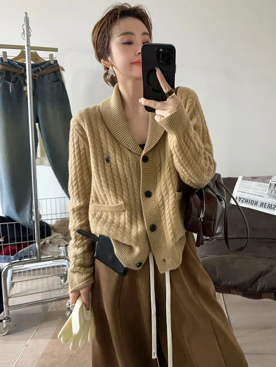 麻花纹刺绣毛针织开衫女欧洲站2025冬装新款欧货女装毛衣外套潮