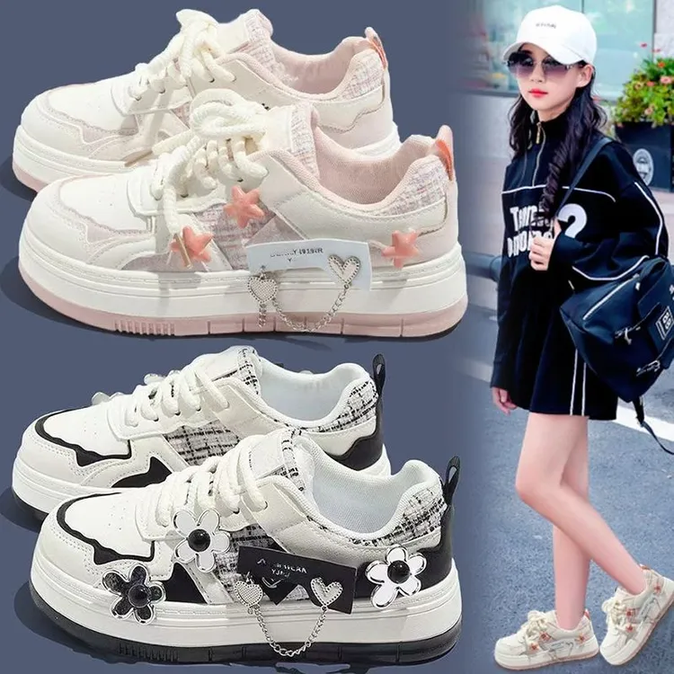 女童小白鞋2025春秋新款花朵帆布鞋学生百搭休闲中大童运动板鞋潮