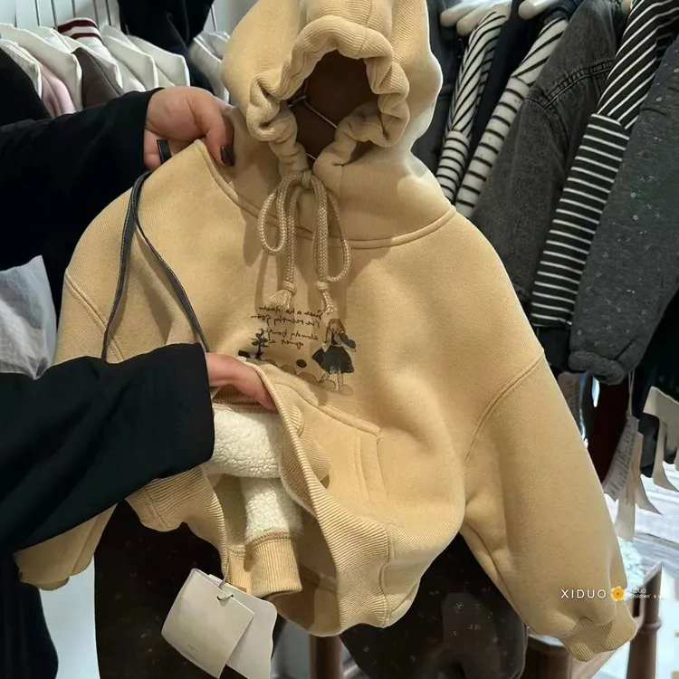 女童套装2025冬季羊驼绒连帽套装宝宝时髦韩版加厚一体绒两件套