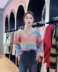 法式慵懒风撞色针织毛衣女装秋季渐变色漂亮别致小衫宽松长袖上衣