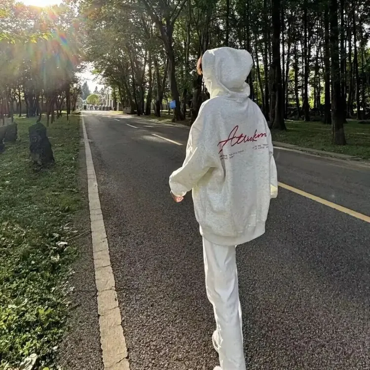 白灰色美式高街oversize连帽卫衣男女2024秋冬高级感百搭上衣外套