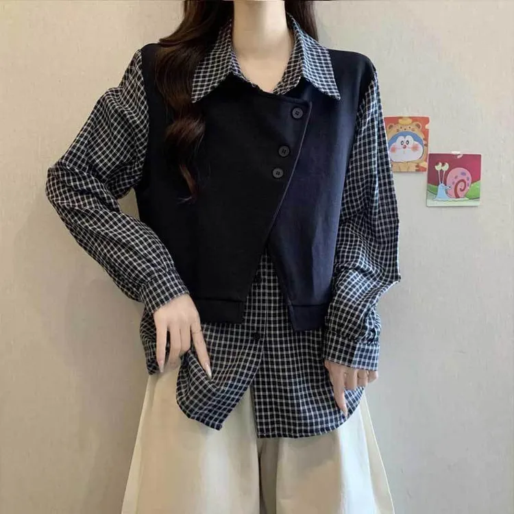 大码女装胖mm格子拼接假两件长袖衬衫秋冬新款高级感遮肚衬衣上衣