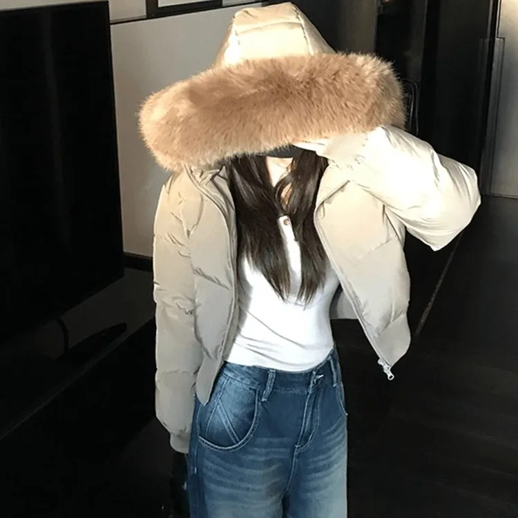 芬兰雪境韩里韩气学院风冬季毛领连帽收腰显瘦加厚短款棉服女