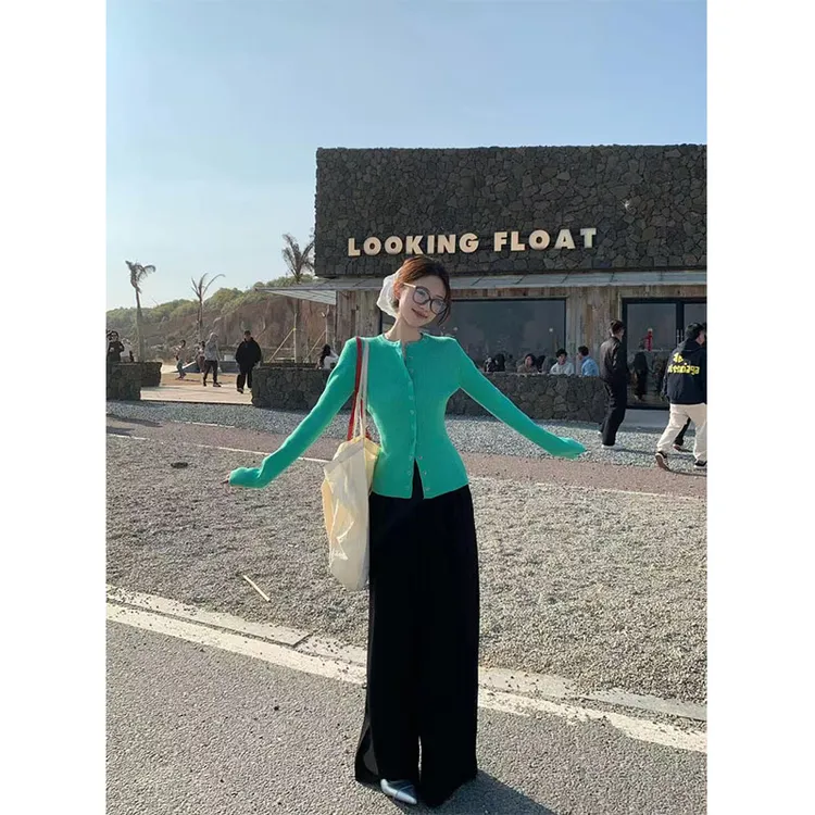 2025春季新款时尚韩系洋气减龄高级感长袖针织开衫高腰百搭阔腿裤