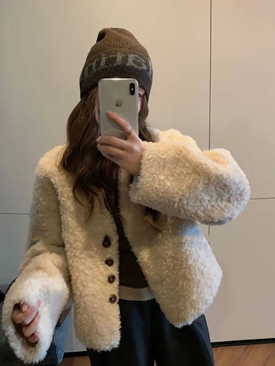 2025-秋款v领短款单排扣休闲韩版慵懒外套精致长袖秋冬百搭小个子