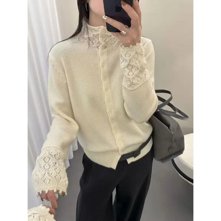 韩系纯色蕾丝花边长袖针织开衫女款大码时髦遮肉显瘦软糯毛衣上衣